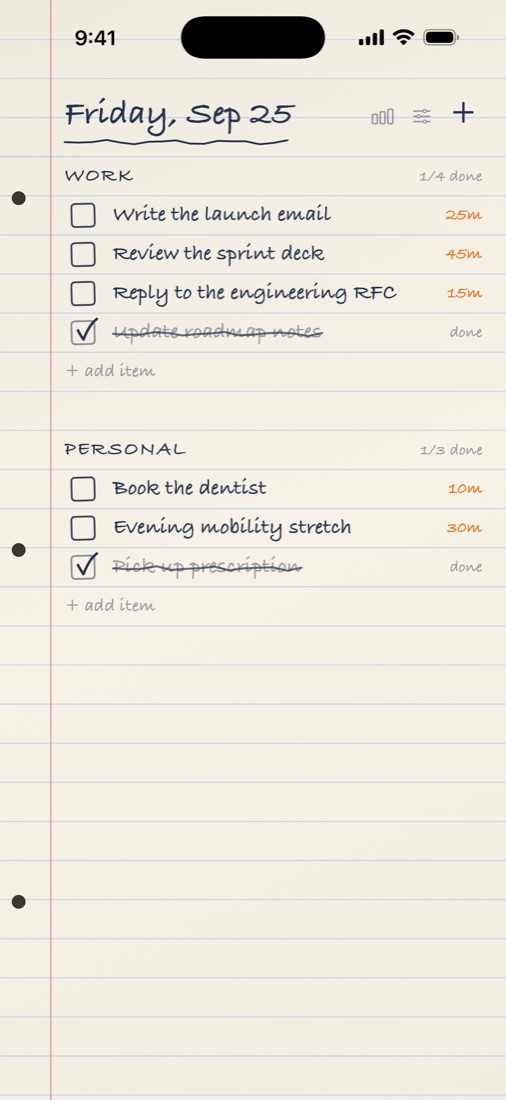 A ruled notebook page with a Work list and a Personal list, some items crossed off