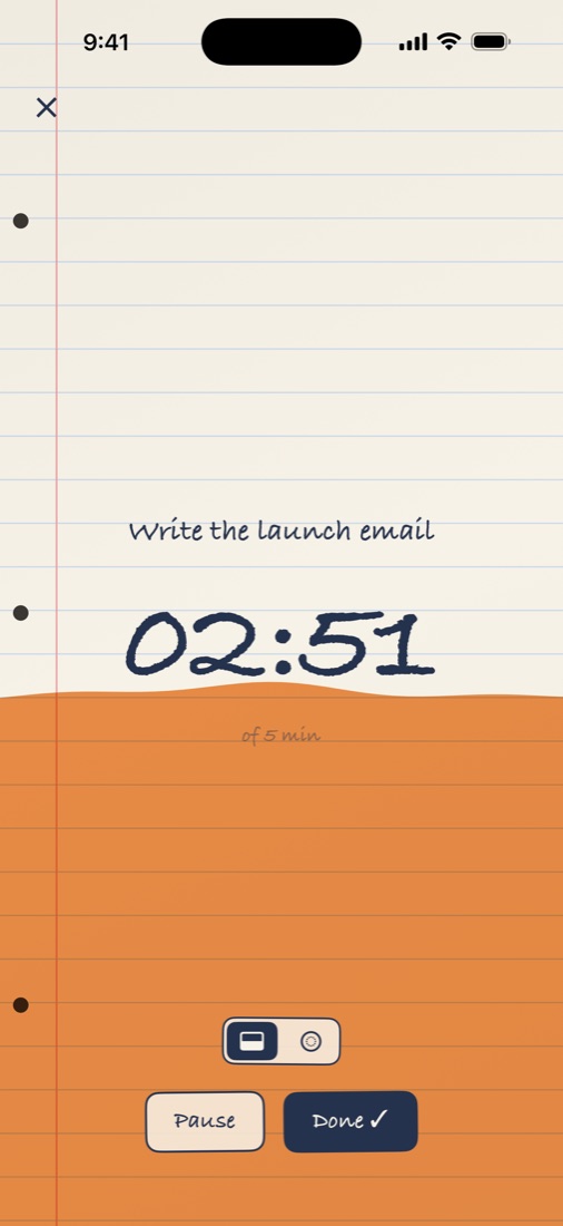 A focus timer at 2 minutes 51 seconds with orange marker filling the bottom half of the page