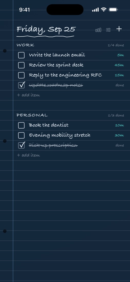 The same list on dark blue blueprint paper with chalk-white ink